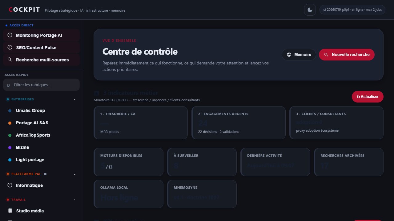 Tableau de bord COCKPIT en production : navigation, santé bots, indicateurs et commandement